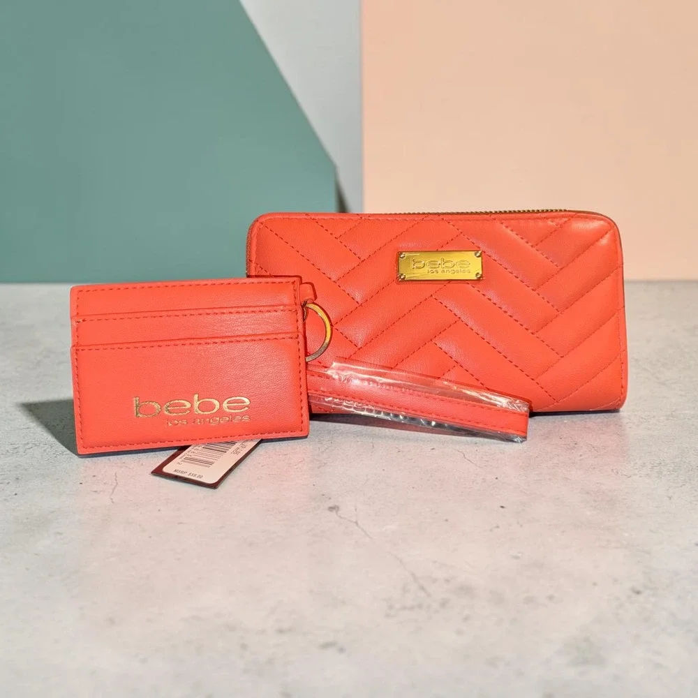 Bebe Los Angeles Quilted Zip Around Wallet and Card Holder Set Coral Orange NWT